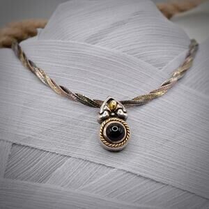 Flli Menegatti Italy 925 Silver Onyx Pendant Paired w Braided Italian Chain 17"